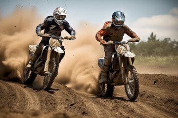 Fototapeta na wymiar A shot of two motocross riders in midair during a race Generative AI