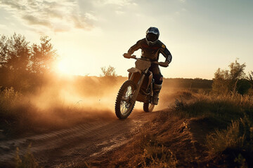 Low angle view of Enduro motocross rider jumping high up off-road at sunset. Copy space Generative AI