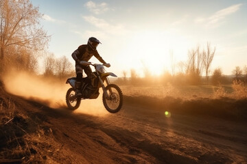 Fototapeta na wymiar Low angle view of Enduro motocross rider jumping high up off-road at sunset. Copy space Generative AI