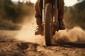 Motocross rider riding on dirt track closeup tyre  Generative AI