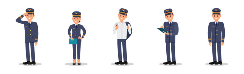 Man Aircraft Pilot Wearing Professional Blue Uniform and Cap Vector Illustration Set