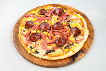 Delicious mixed pizza with rich content. Menu concept of choice and diversity. Karisik pizza
