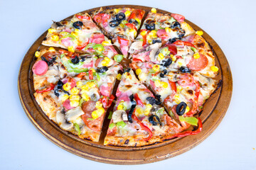 Delicious mixed pizza with rich content. Menu concept of choice and diversity. Karisik pizza