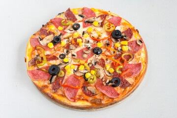 Delicious mixed pizza with rich content. Menu concept of choice and diversity. Karisik pizza