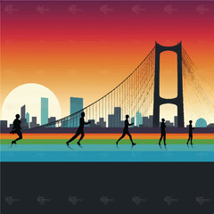 People are running with their silhouettes in Istanbul bosporus.