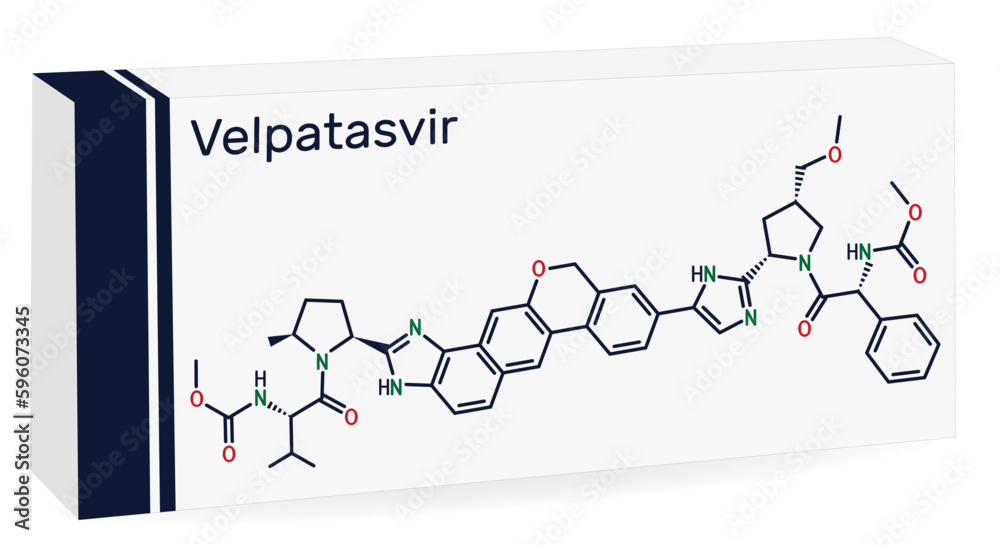 Poster Velpatasvir molecule. It is NS5A inhibitor used to treat chronic hepatitis C infections. Skeletal chemical formula. Paper packaging for drugs