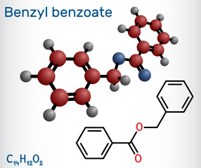 Benzyl benzoate molecule. It is topical treatment for scabies and lice. Structural chemical formula, molecule model.