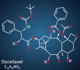 Docetaxel, DTX or DXL molecule. It is taxoid antineoplastic agent used in treatment of various cancers. Structural chemical formula on the dark blue background.