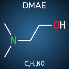 Dimethylethanolamine, dimethylaminoethanol, DMAE, DMEA molecule. It is tertiary amine, curing agent, radical scavenger. Structural chemical formula on the dark blue background.