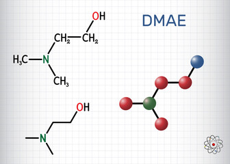 Dimethylethanolamine, dimethylaminoethanol, DMAE, DMEA molecule. It is tertiary amine, curing agent, radical scavenger. Structural formula, molecule model. Sheet of paper in a cage