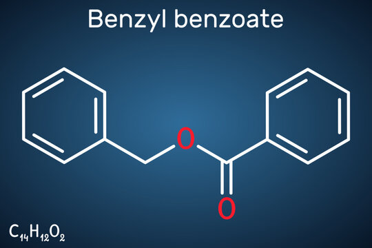 Benzyl benzoate molecule. It is topical treatment for scabies and lice. Structural chemical formula on the dark blue background.
