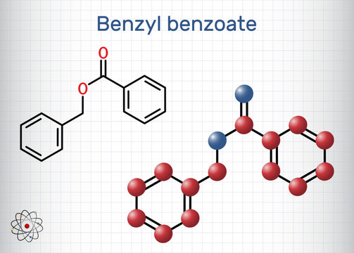 Benzyl benzoate molecule. It is topical treatment for scabies and lice. Structural chemical formula, molecule model. Sheet of paper in a cage