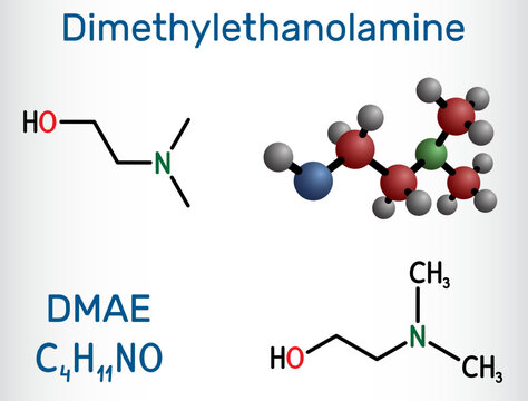 Dimethylethanolamine, dimethylaminoethanol, DMAE, DMEA molecule. It is tertiary amine, curing agent and a radical scavenger. Structural chemical formula, molecule model.