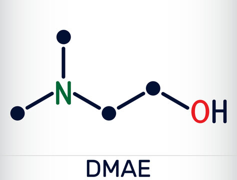 Dimethylethanolamine, dimethylaminoethanol, DMAE, DMEA molecule. It is tertiary amine, curing agent and a radical scavenger. Skeletal chemical formula