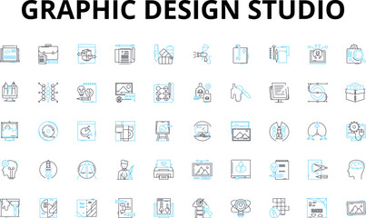 Graphic design studio linear icons set. Creativity, Typography, Branding, Logos, Illustration, Layout, Color vector symbols and line concept signs. Composition,Animation,Infographics illustration