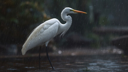 Great egret in the rain, 3d render illustration, horizontal.generative ai