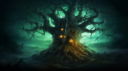 Fototapeta na wymiar Halloween background with haunted house and full moon.generative ai