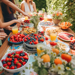 Obraz premium A colorful garden party, captured in a wide-angle shot that showcases a table with a variety of fresh fruits, a pitcher of lemonade, and a pair of hands picking strawberries.