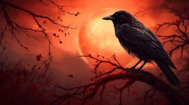 Halloween background with crow and full moon.generative ai
