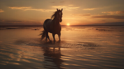 Horse on the beach at sunset with reflection in water,generative ai