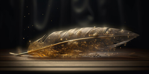 Gold feather laying on the floor in shiny glitter particles. Abstract cinematic lighting luxury product display background.. Generative AI - obrazy, fototapety, plakaty