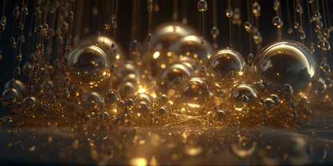 Abstract golden balls banner template. Art shiny gold drops on dark background, metallic fallen bubbles. Generative AI