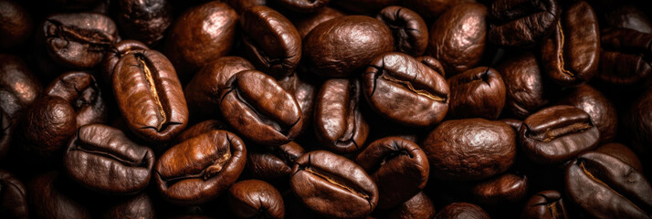 Obraz premium coffee bean, close up shot, top view, panoramic photo, studio light, on black background, gastronomy, AI