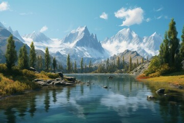 A painting of a mountainous lake with trees and sky. Generative AI