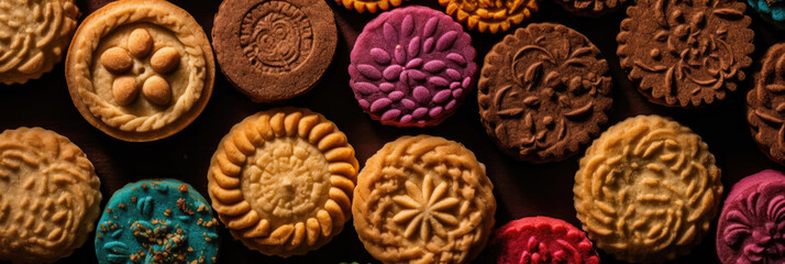 biscuit, top view, close up shot, panoramic, studio light, on black background, gastronomy photo, pastry shop, AI