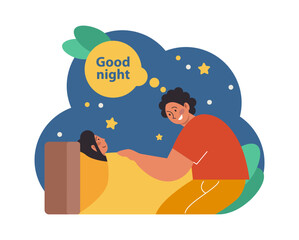 Fatherhood concept. Dad wishing his child a goodnight. Bedtime story.