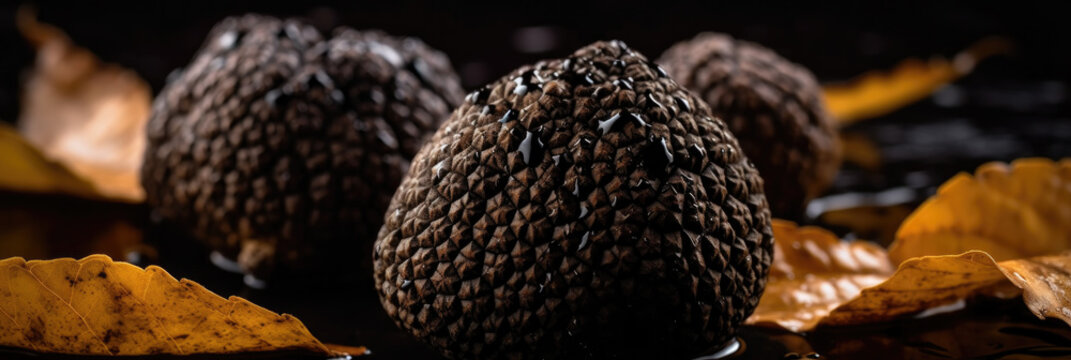 close up shot of black truffles, top view, panoramic, studio light, on black background, gastronomy photo, AI