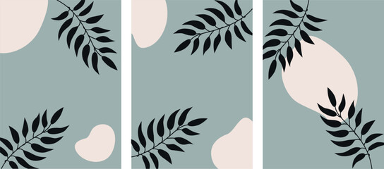Сover abstract background set рlants, leaf, branch. Modern illustrated design for wall art, wallpaper, decoration, print. Floral social media background. Vector illustration.