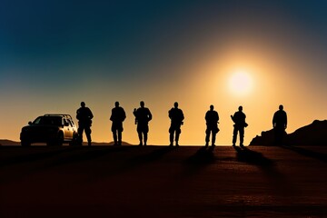 Fototapeta na wymiar Twilight Warriors: Silhouettes of Modern Soldiers and Military Vehicles