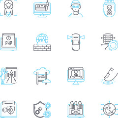 Artificial universe linear icons set. Simulation, Virtuality, Sci-fi, Digital, Synthetic, Augmented, Alternate line vector and concept signs. Illusion,Fiction,Matrix outline illustrations