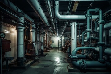 Naklejka na ściany i meble A facility with gas pipeline pressure sensors, equipment & heating system. Industrial interior in a basement gas distribution station. Generative AI