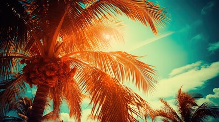 summer mood background wallpaper with copy space, coconut tree with sun flare, Generative Ai