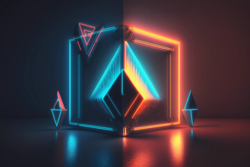 red blue orange neon background, 3d, abstract panoramic with arrows showing direction up, glowing in the dark