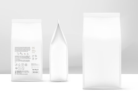 Hyper realistic packaging bag mockup. Front, side and back views. Vector illustration isolated on white background. Ready for use in presentation, promo, advertising on any backgrounds. EPS10.