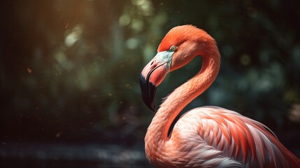 summer mood, close up flamingo bird walking in forest brook, Generative Ai