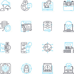 Information safety linear icons set. Encryption, Firewall, Malware, Authentication, Privacy, Cybersecurity, Phishing line vector and concept signs. Vulnerability,Hackers,Passwords outline