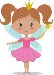 A cute little fairy with a crown and wings. Funny cartoon character tooth fairy in a pink dress. Stock vector illustration isolated on a white background