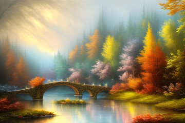 Fototapeta na wymiar Autumn landscape with a bridge over river Generative Ai