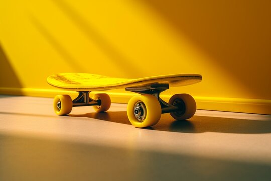 Vibrant, skateboarding, lively lifestyle. Sunshine yellow skateboard against a bright yellow backdrop. Copiable blank space. 3D graphics. Generative AI