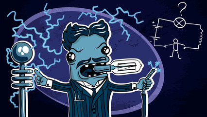  An inventor of alternating current electricity supply system. Famous genius man holding an electric bulb in his teeth with other inventions in his hands. Behind him are lightnings and a scheme of one