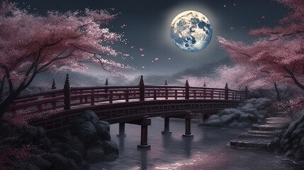 Japanese garden with cherry blossoms and a bridge.generative ai