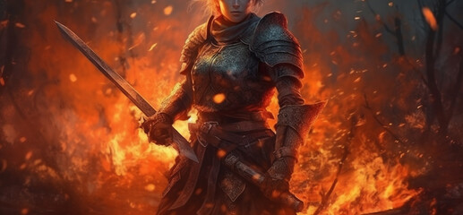 Fantasy scene with a female warrior in the fire.generative ai