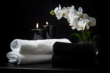 Fototapeta na wymiar Black spa setting with black towels, white orchids on a black background. Spa concept. Generative AI