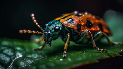 Macro shot of a ladybug on a leaf in the rain.generative ai