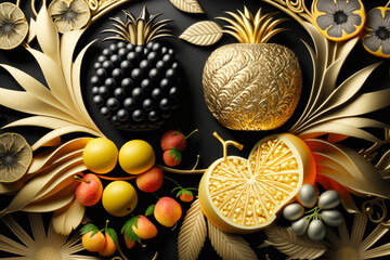 fruits and berries in a decorative composition on a black background. Ai generative