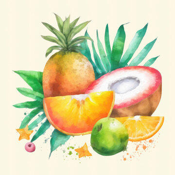Watercolor tropical background with fruits and splashes, illustration. Ai generative.